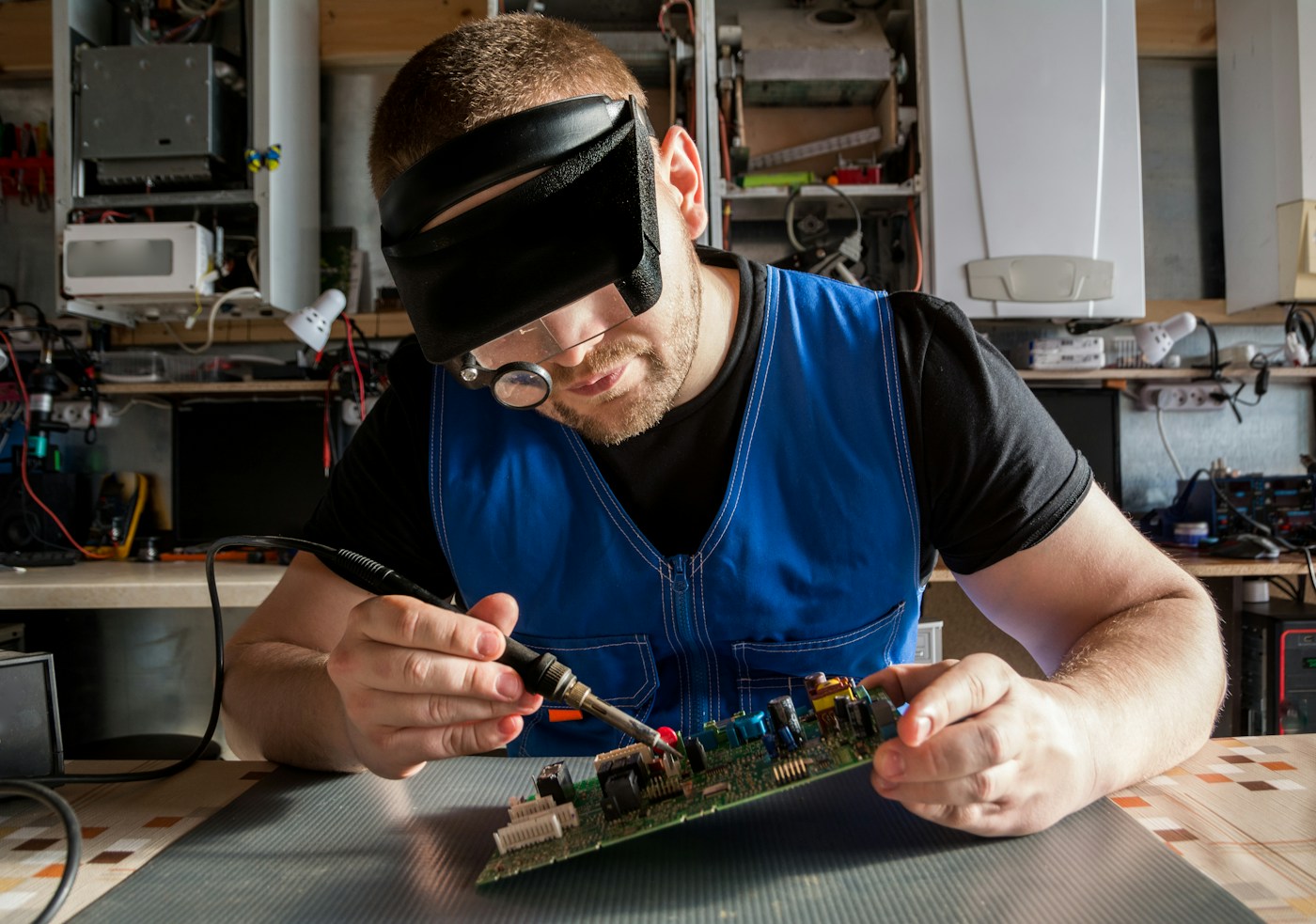Electronics technician inspecting and soldering a circuit board at a workbench