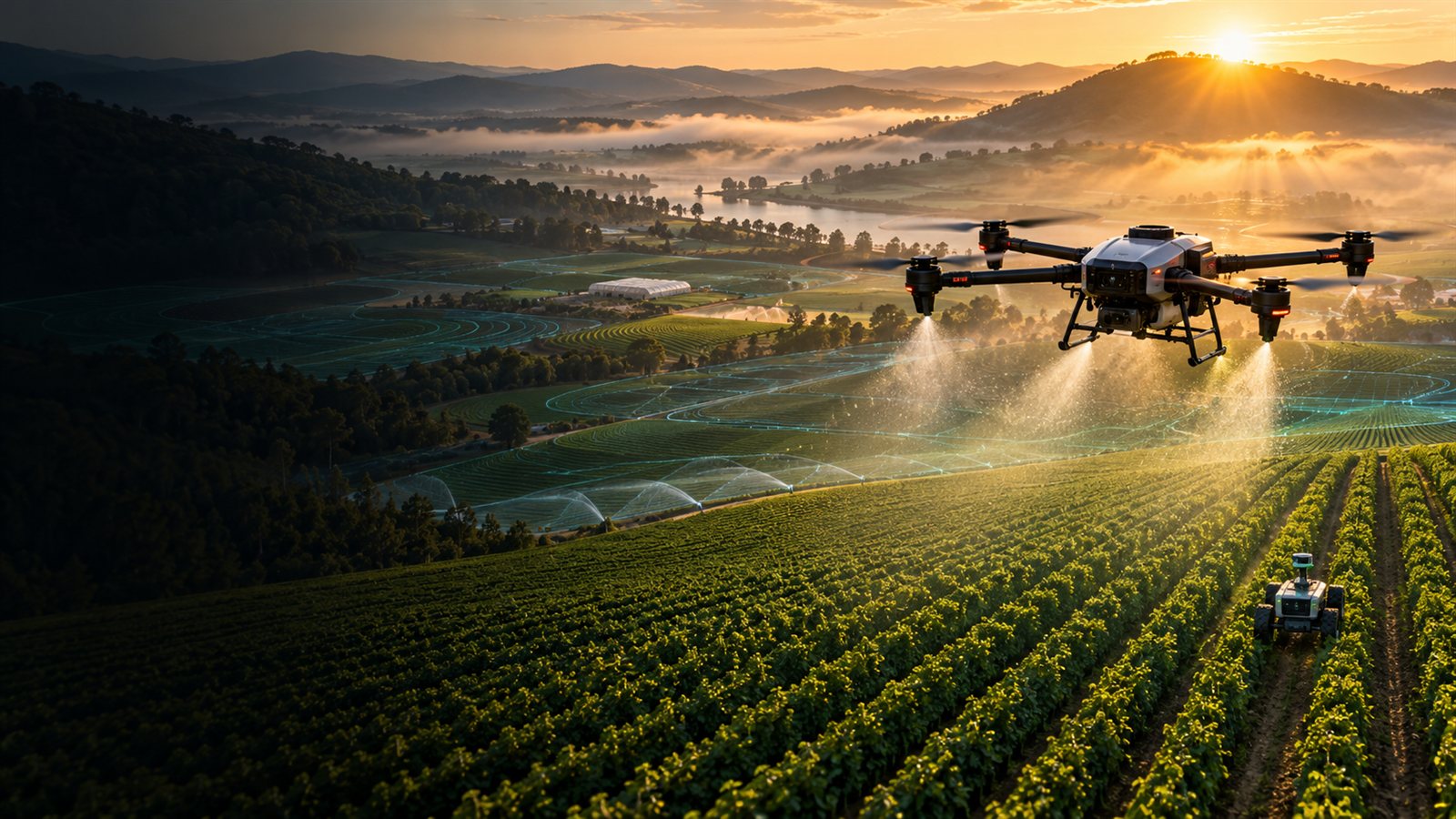 Agricultural drone flying over green crop rows and precision irrigation at sunrise