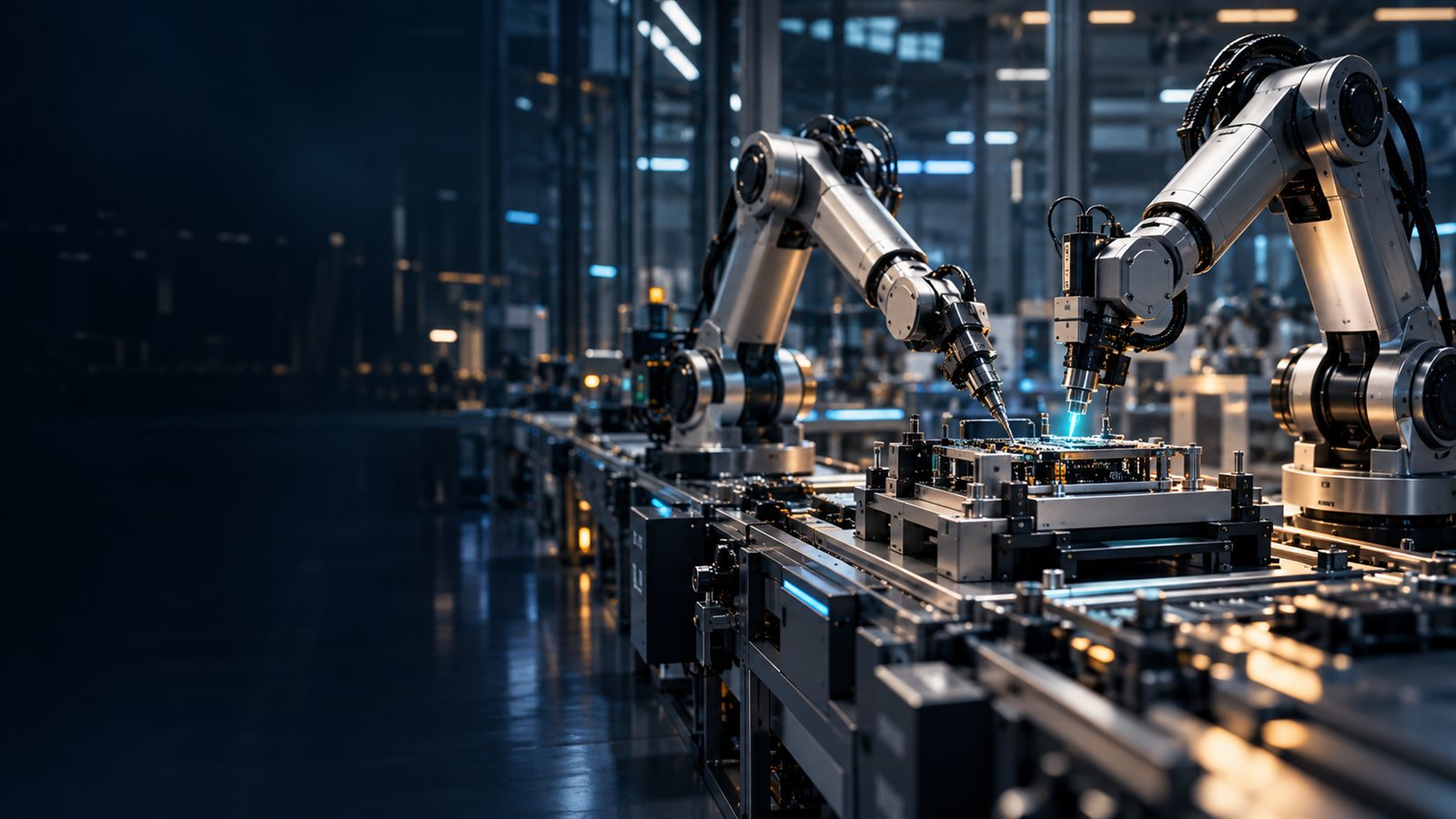 Precision robotic arms assembling electronics in an advanced manufacturing facility